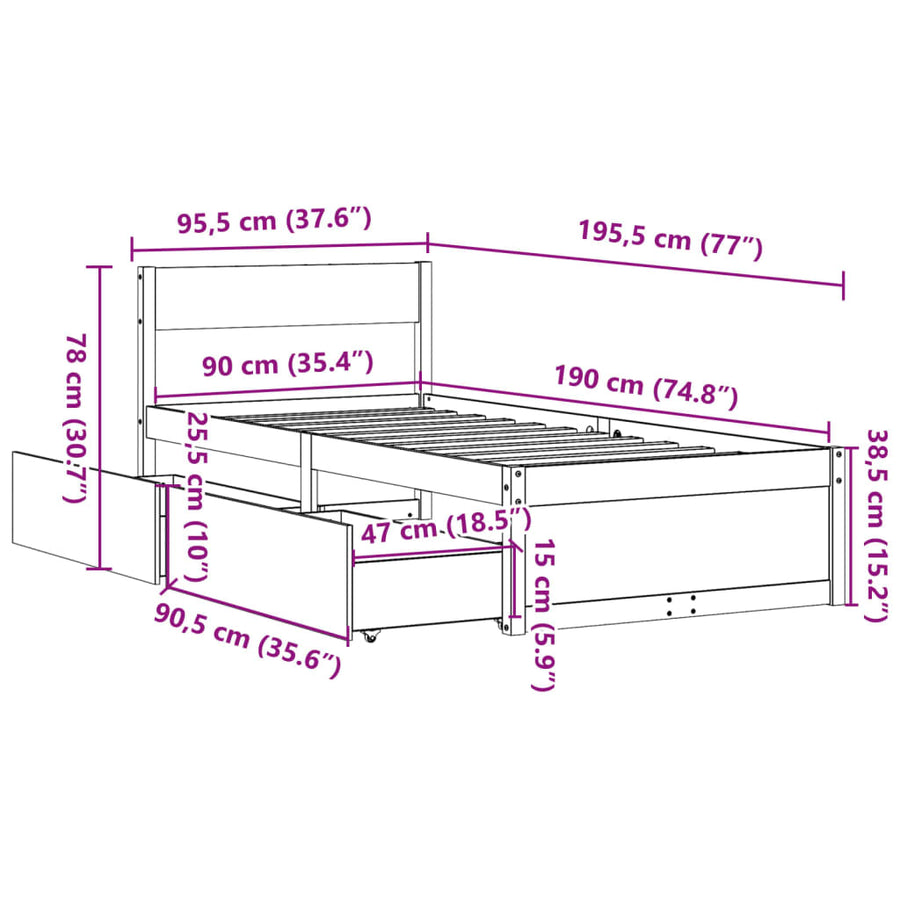 Bedframe met lades massief grenenhout wasbruin 90x190 cm