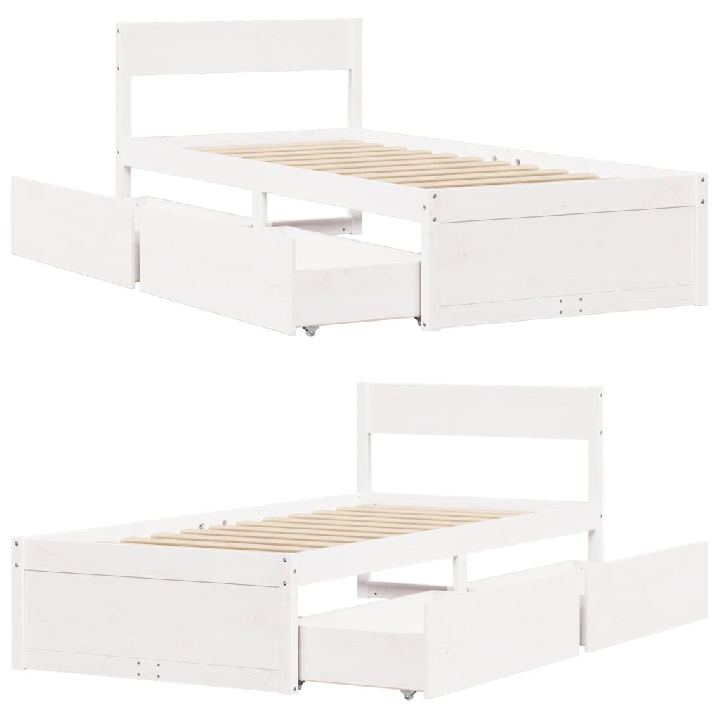 Bedframe met lades massief grenenhout wit 75x190 cm