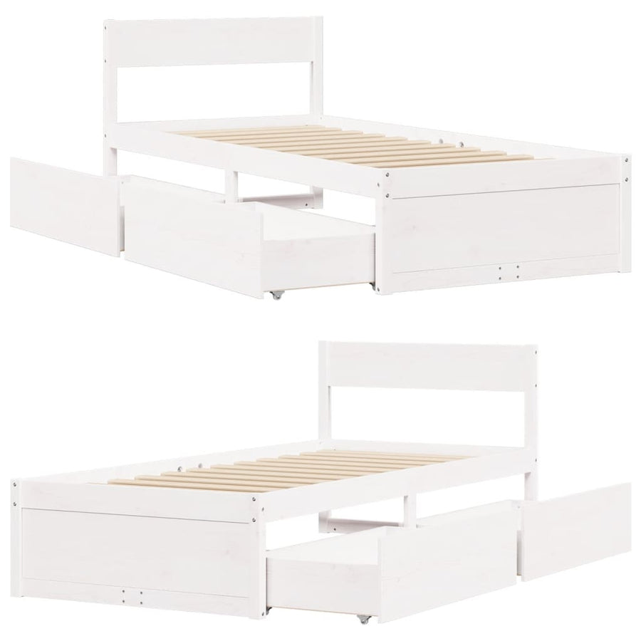Bedframe met lades massief grenenhout wit 75x190 cm
