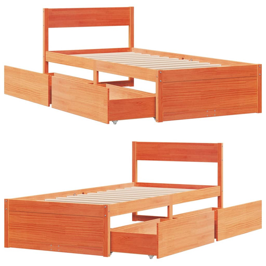 Bedframe met lades massief grenenhout wasbruin 75x190 cm