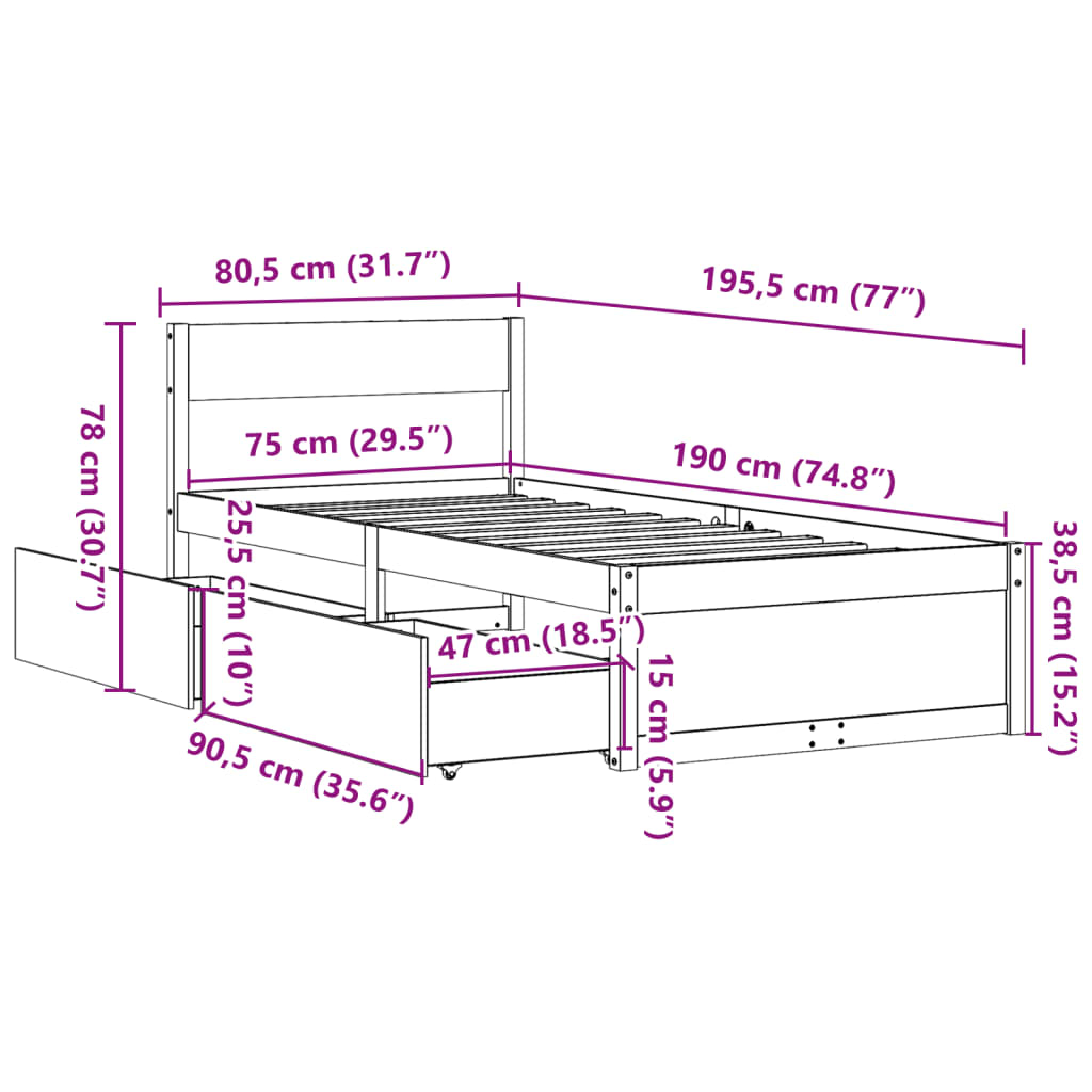 Bedframe met lades massief grenenhout wasbruin 75x190 cm