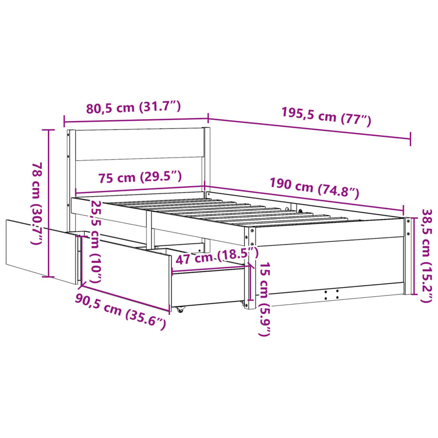 Bedframe met lades massief grenenhout wasbruin 75x190 cm