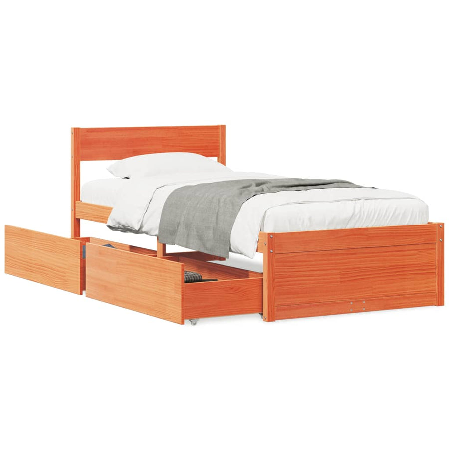 Bedframe met lades massief grenenhout wasbruin 75x190 cm