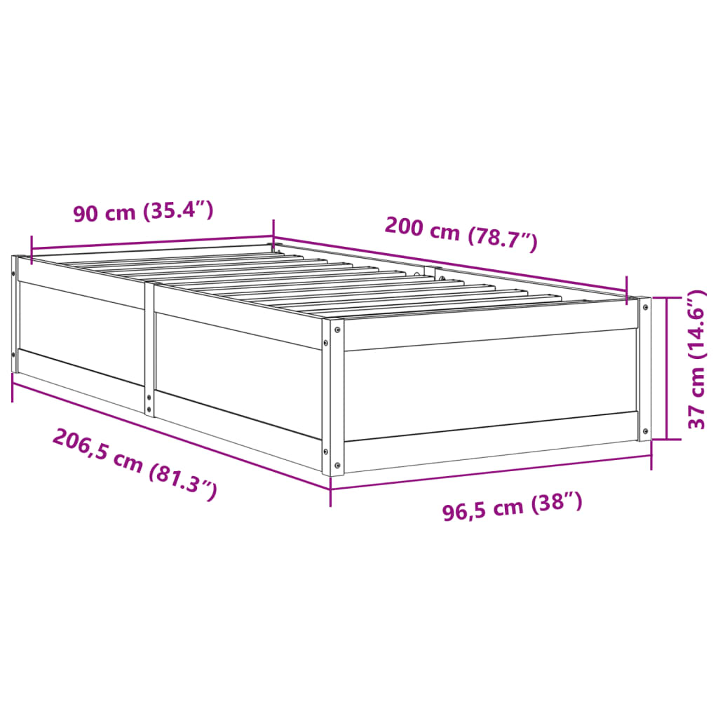 Bedframe massief grenenhout wasbruin 90x200 cm