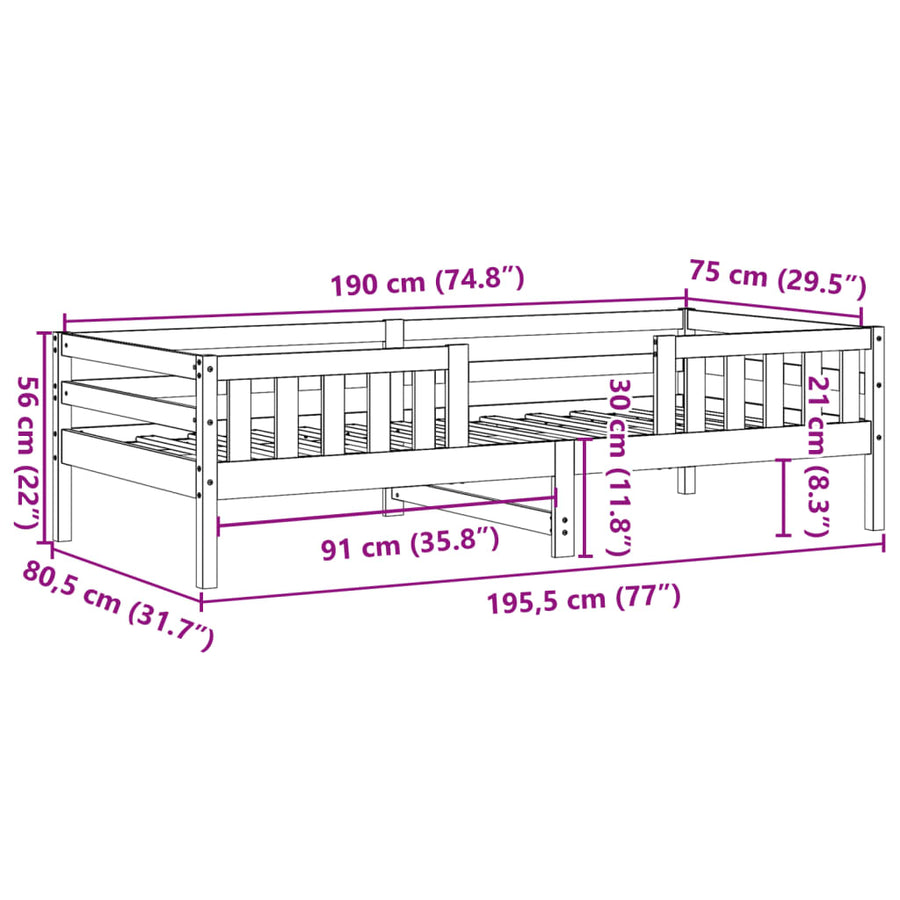 Bedframe massief grenenhout 75x190 cm