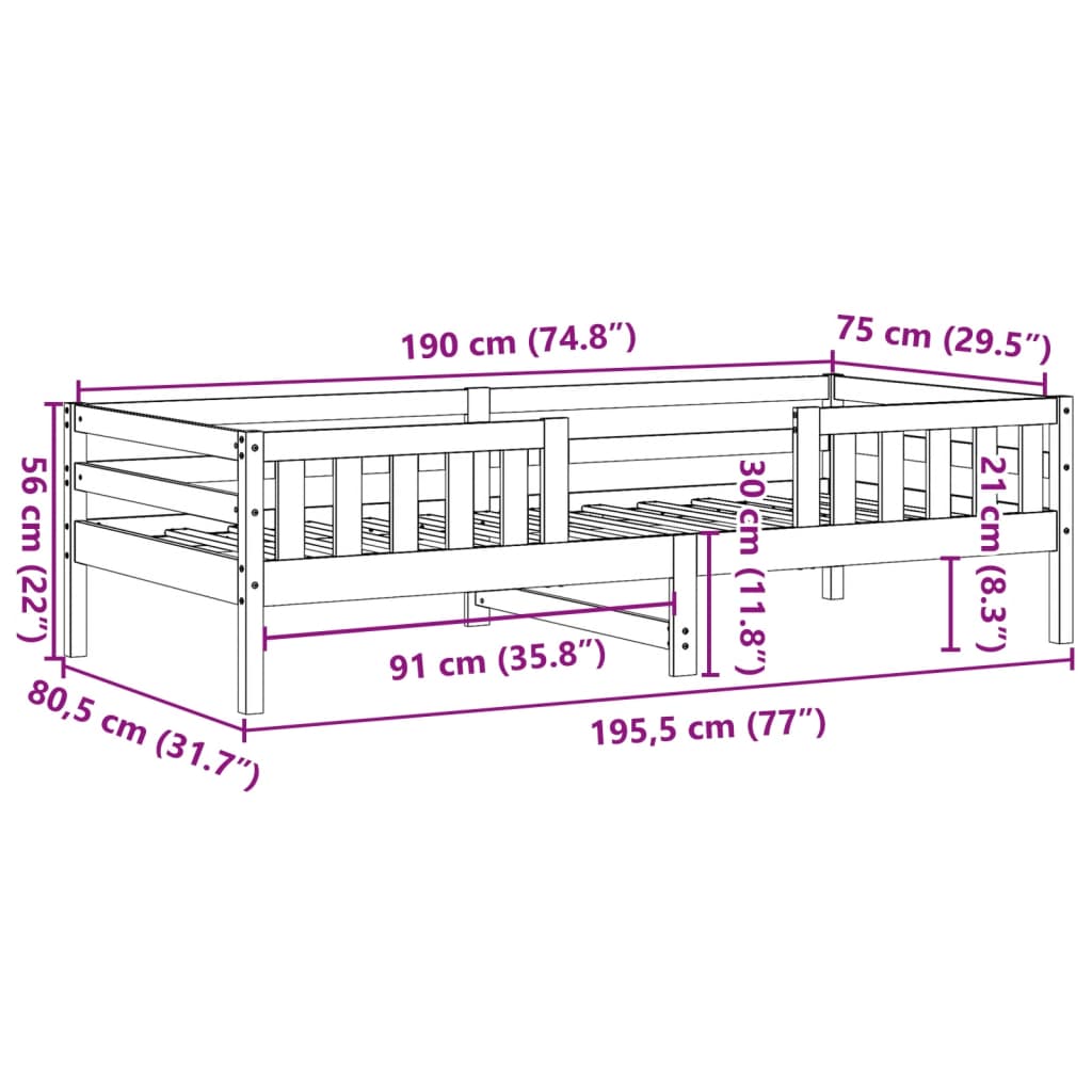 Bedframe massief grenenhout wit 75x190 cm