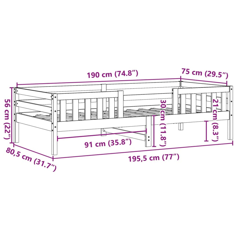 Bedframe massief grenenhout wit 75x190 cm