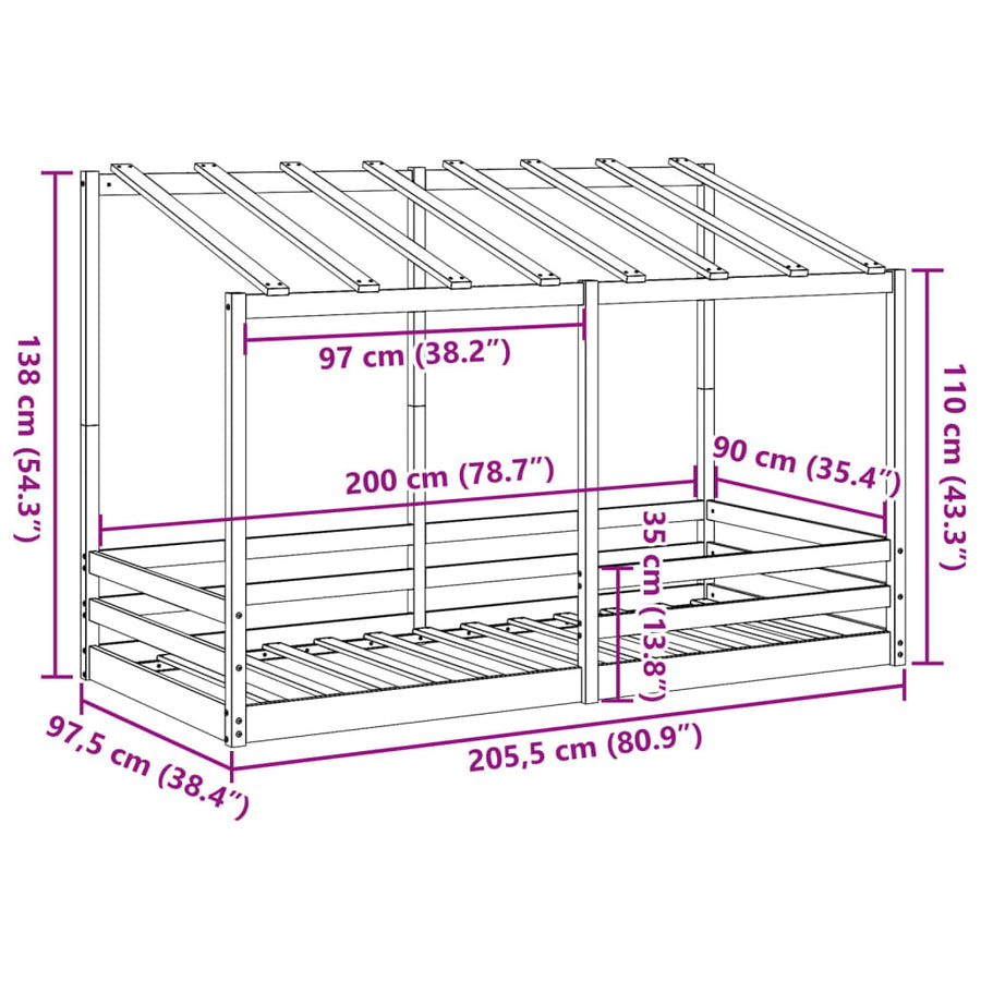 Kinderbed met bedhuis 90x200 cm massief grenenhout wit