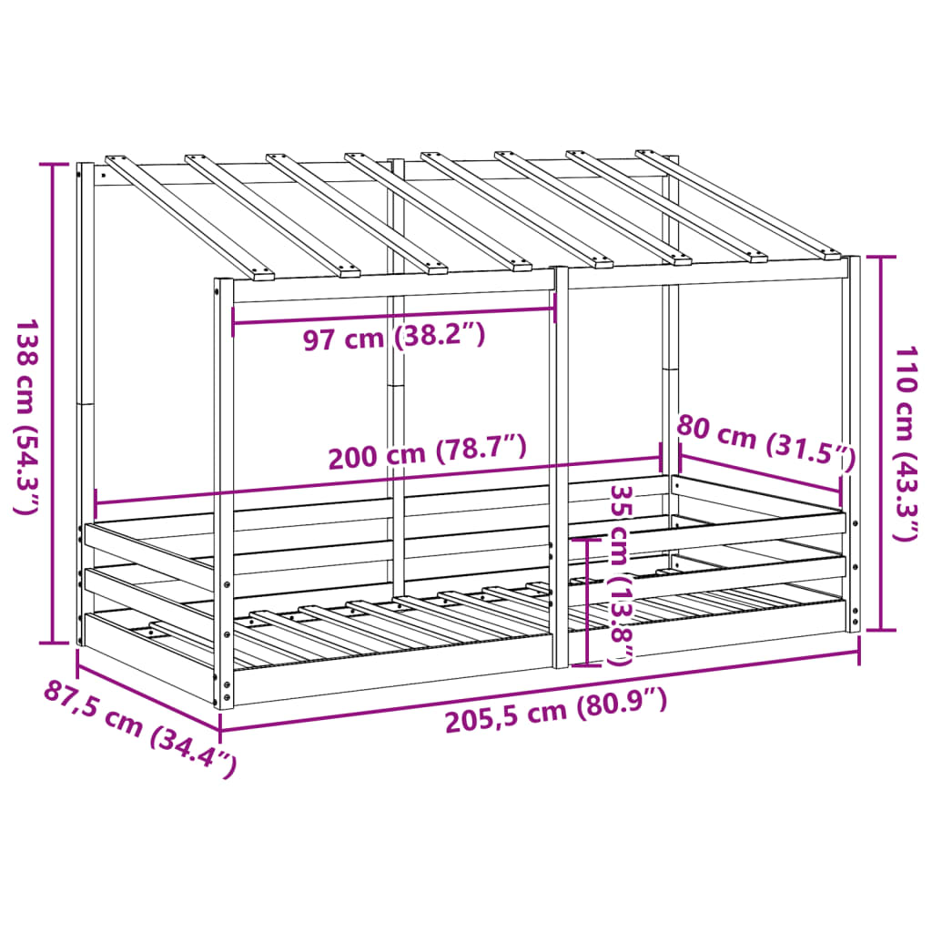 Kinderbed met bedhuis 80x200 cm massief grenenhout wasbruin