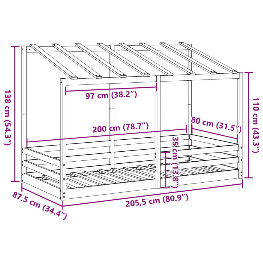 Kinderbed met bedhuis 80x200 cm massief grenenhout wasbruin