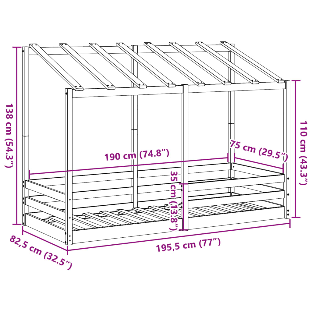 Kinderbed met bedhuis 75x190 cm massief grenenhout