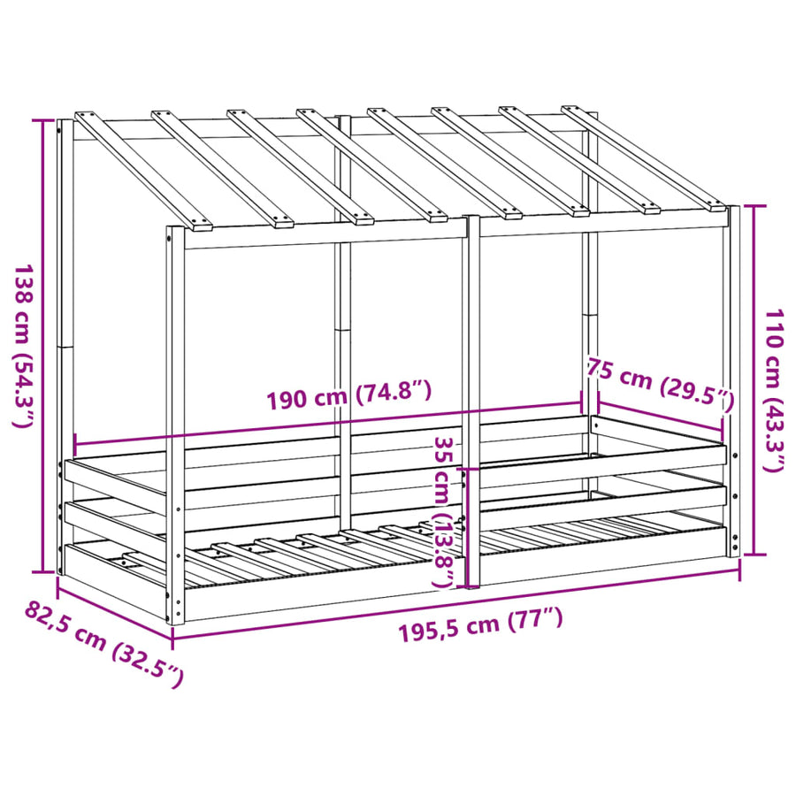 Kinderbed met bedhuis 75x190 cm massief grenenhout wasbruin