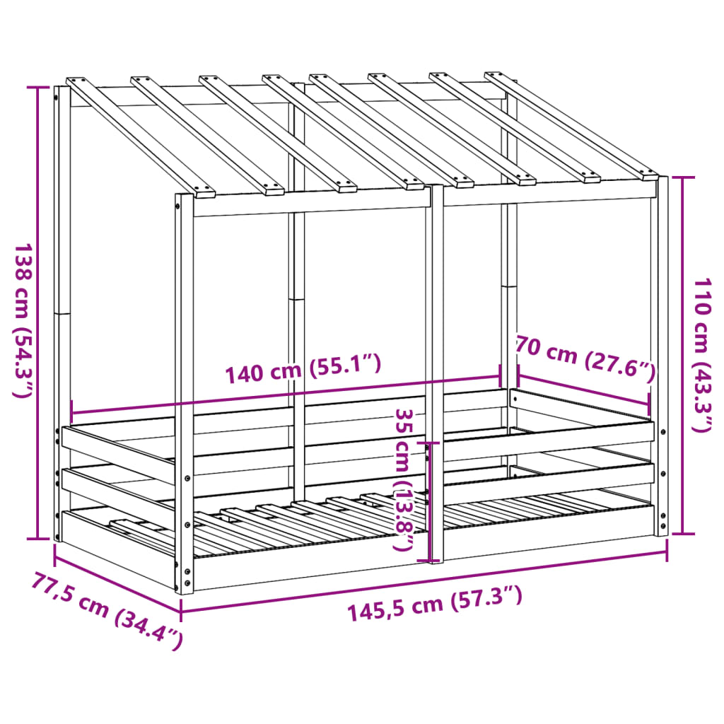 Kinderbed met bedhuis 70x140 cm massief grenenhout wasbruin