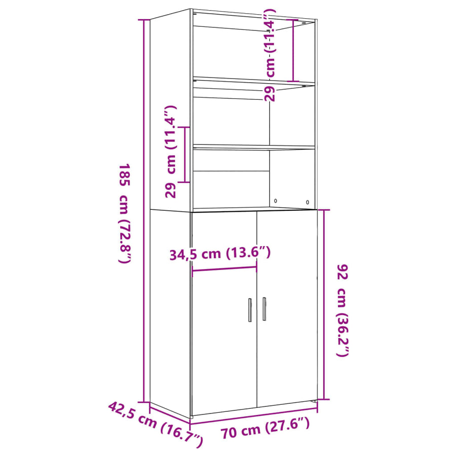 Hoge kast 70x42,5x185 cm bewerkt hout betongrijs