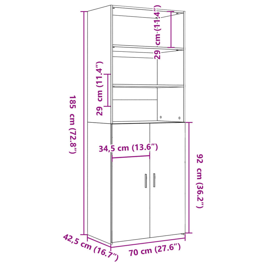 Hoge kast 70x42,5x185 cm bewerkt hout grijs sonoma eikenkleurig