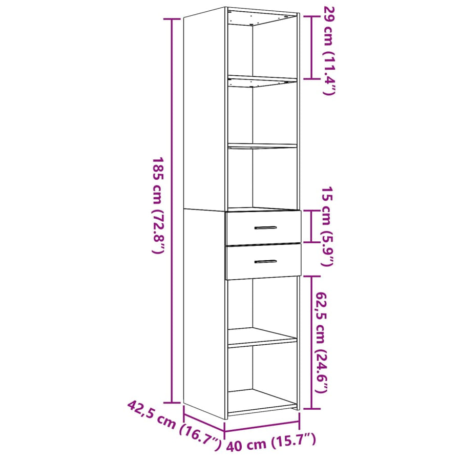 Hoge kast 40x42,5x185 cm bewerkt hout wit