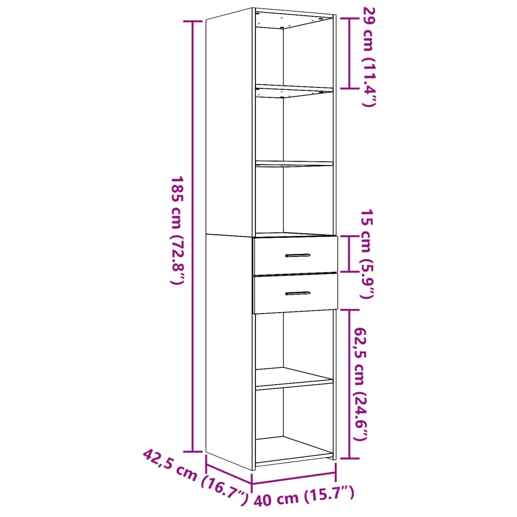 Hoge kast 40x42,5x185 cm bewerkt hout sonoma eikenkleurig