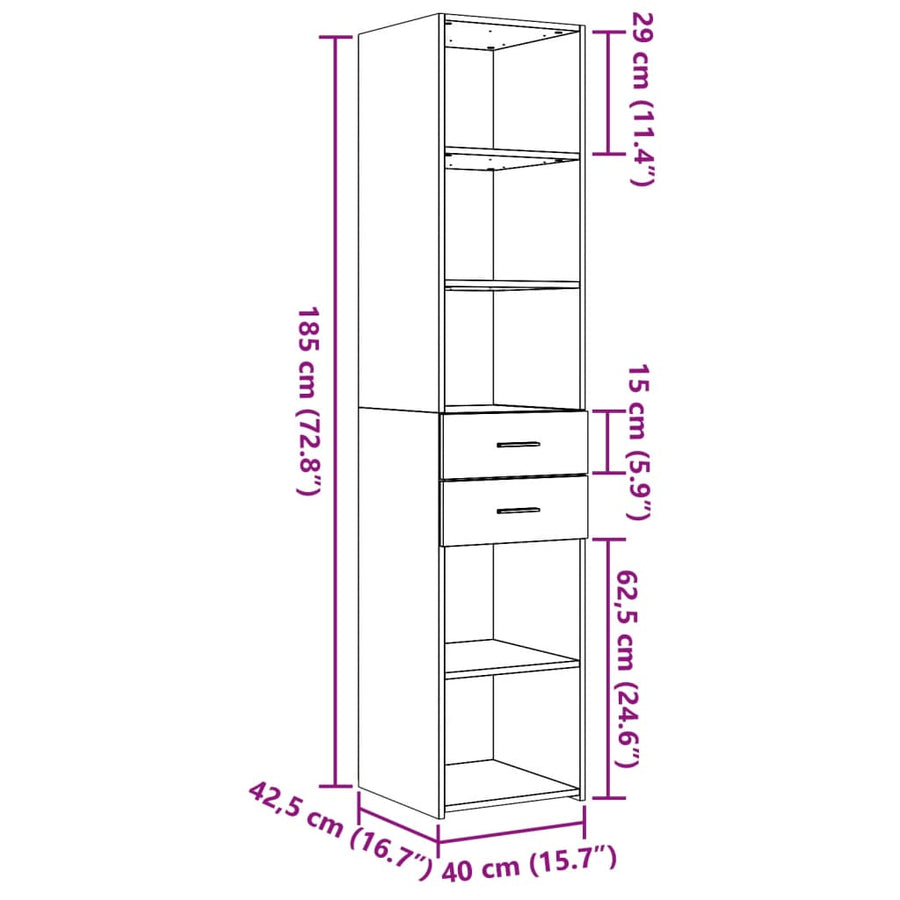 Hoge kast 40x42,5x185 cm bewerkt hout betongrijs