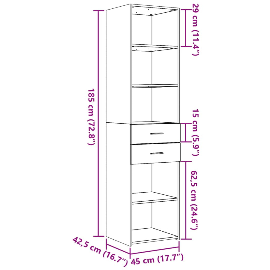 Hoge kast 45x42,5x185 cm bewerkt hout betongrijs