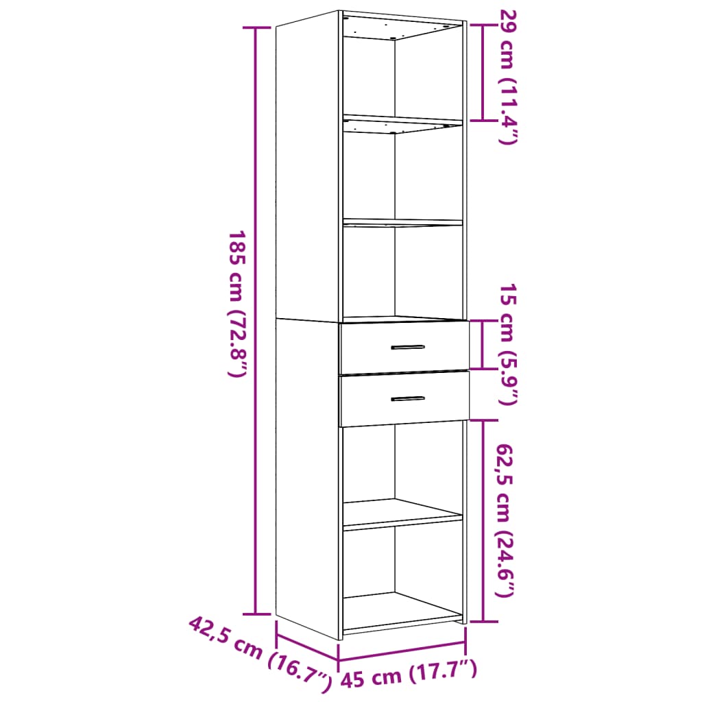 Hoge kast 45x42,5x185 cm bewerkt hout grijs sonoma eikenkleurig