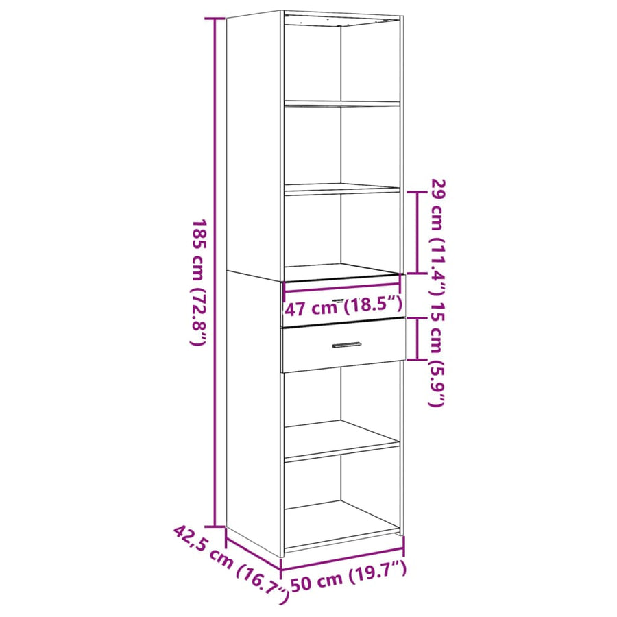 Hoge kast 50x42,5x185 cm bewerkt hout sonoma eikenkleurig
