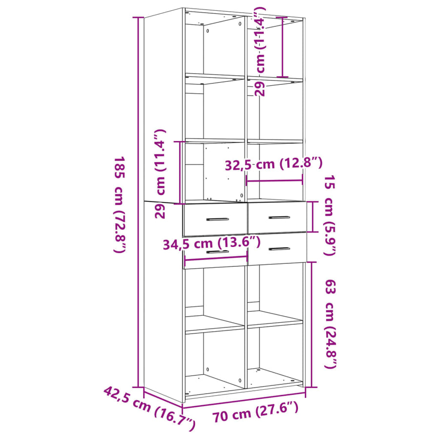 Hoge kast 70x42,5x185 cm bewerkt hout betongrijs