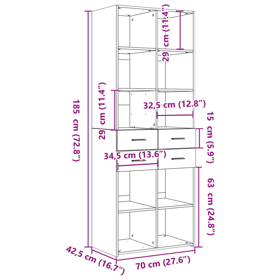 Hoge kast 70x42,5x185 cm bewerkt hout grijs sonoma eikenkleurig