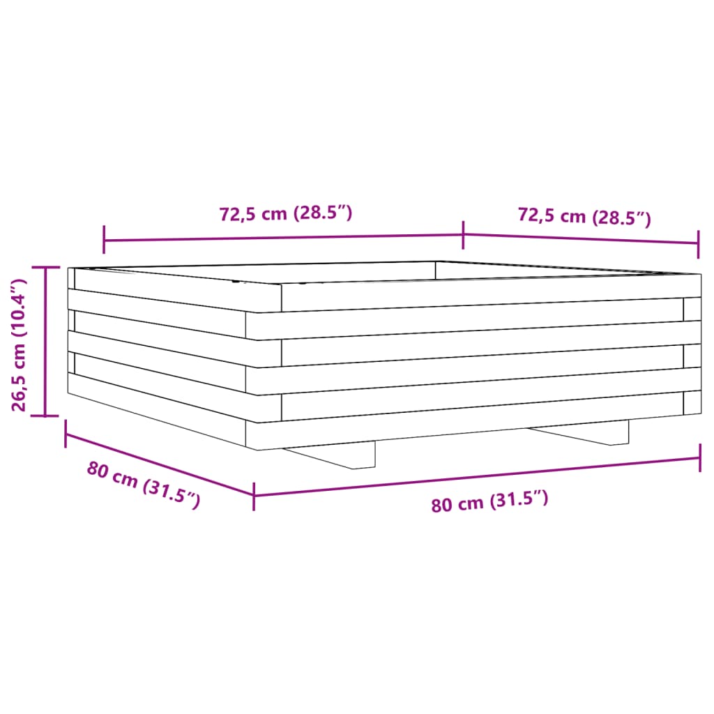 Plantenbak 80x80x26,5 cm massief grenenhout wasbruin