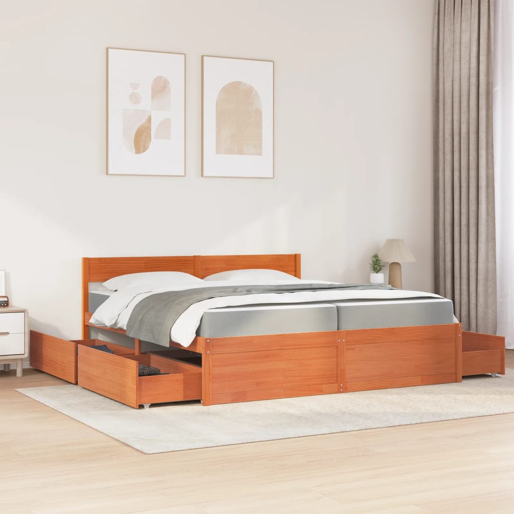 Bed met lades en matras massief grenenhout wasbruin 200x200 cm