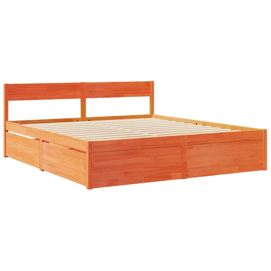 Bed met lades en matras massief grenenhout wasbruin 200x200 cm