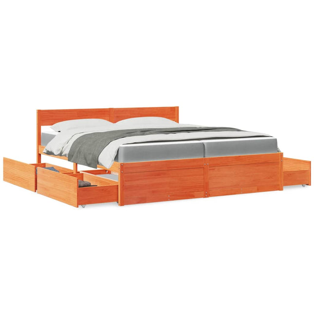 Bed met lades en matras massief grenenhout wasbruin 200x200 cm