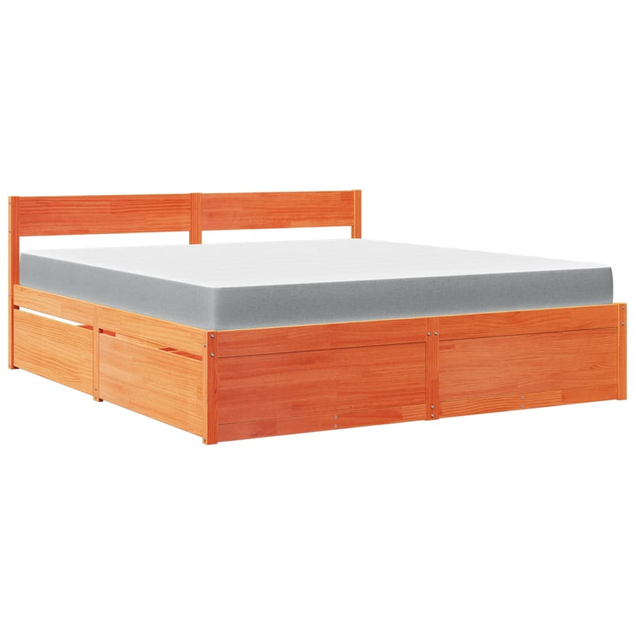 Bed met lades en matras massief grenenhout wasbruin 180x200 cm