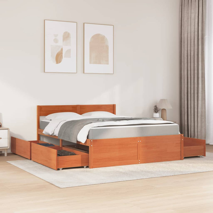Bed met lades en matras massief grenenhout wasbruin 160x200 cm