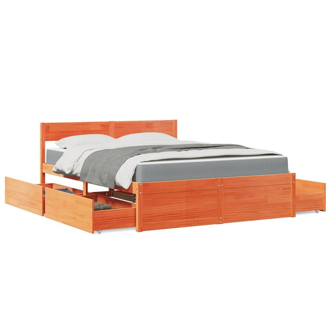 Bed met lades en matras massief grenenhout wasbruin 160x200 cm