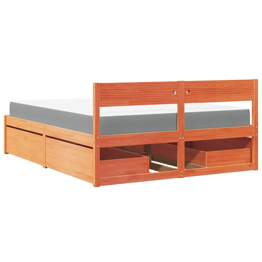 Bed met lades en matras massief grenenhout wasbruin 140x200 cm