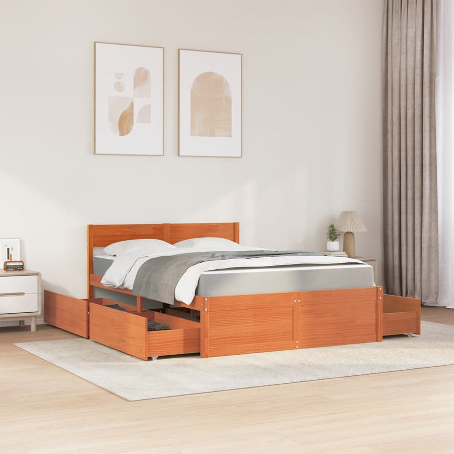 Bed met lades en matras massief grenenhout wasbruin 120x200 cm