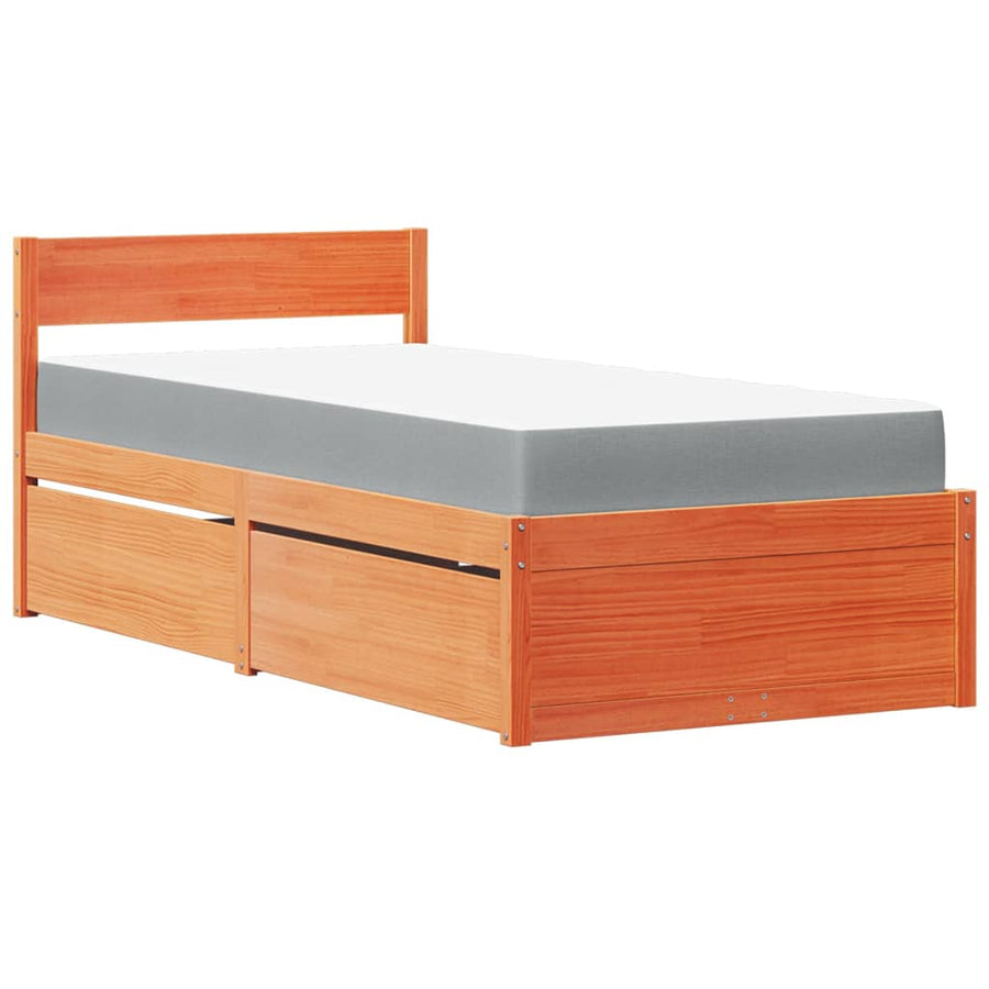 Bed met lades en matras massief grenenhout wasbruin 100x200 cm