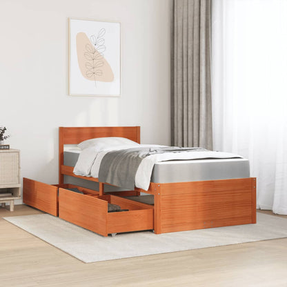 Bed met lades en matras massief grenenhout wasbruin 100x200 cm