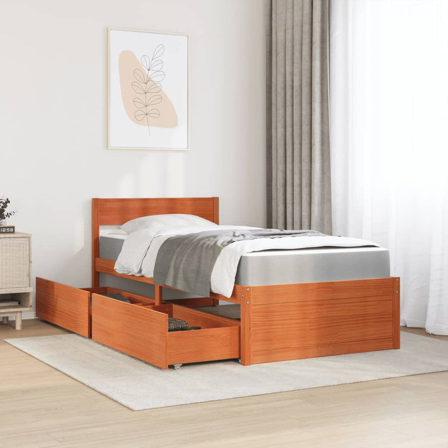 Bed met lades en matras massief grenenhout wasbruin 100x200 cm