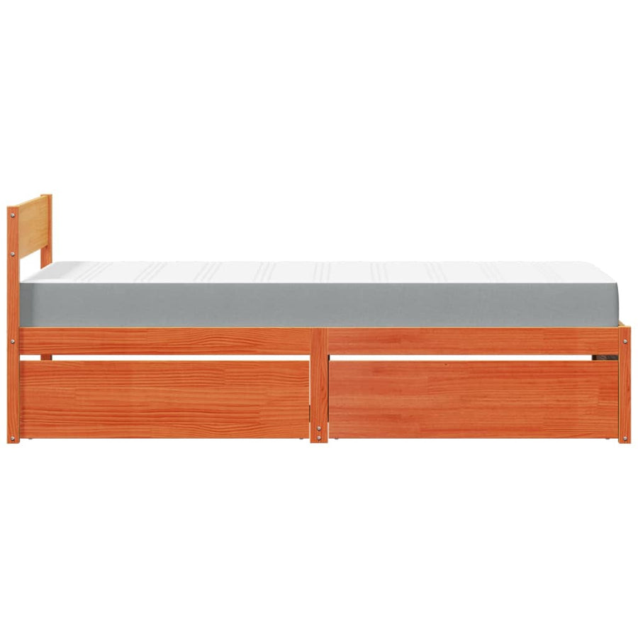 Bed met lades en matras massief grenenhout wasbruin 100x200 cm