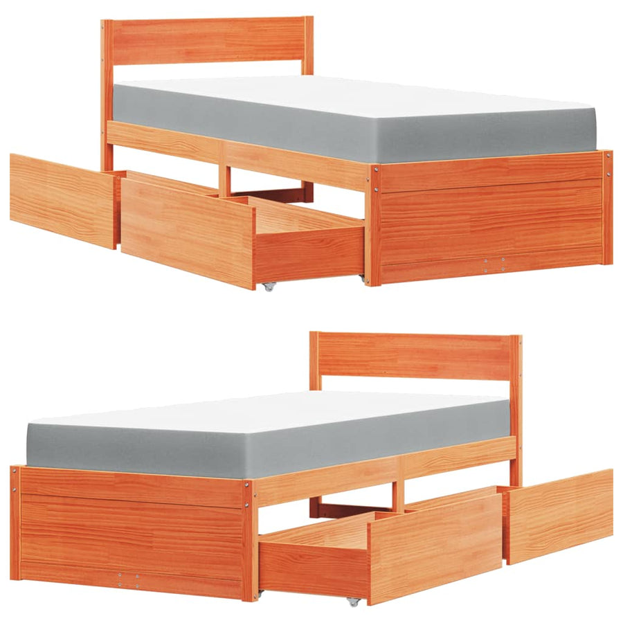 Bed met lades en matras massief grenenhout wasbruin 100x200 cm