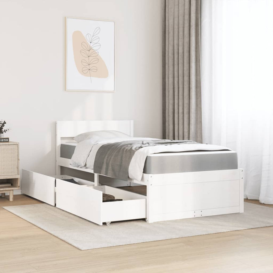 Bed met lades en matras massief grenenhout wit 90x200 cm