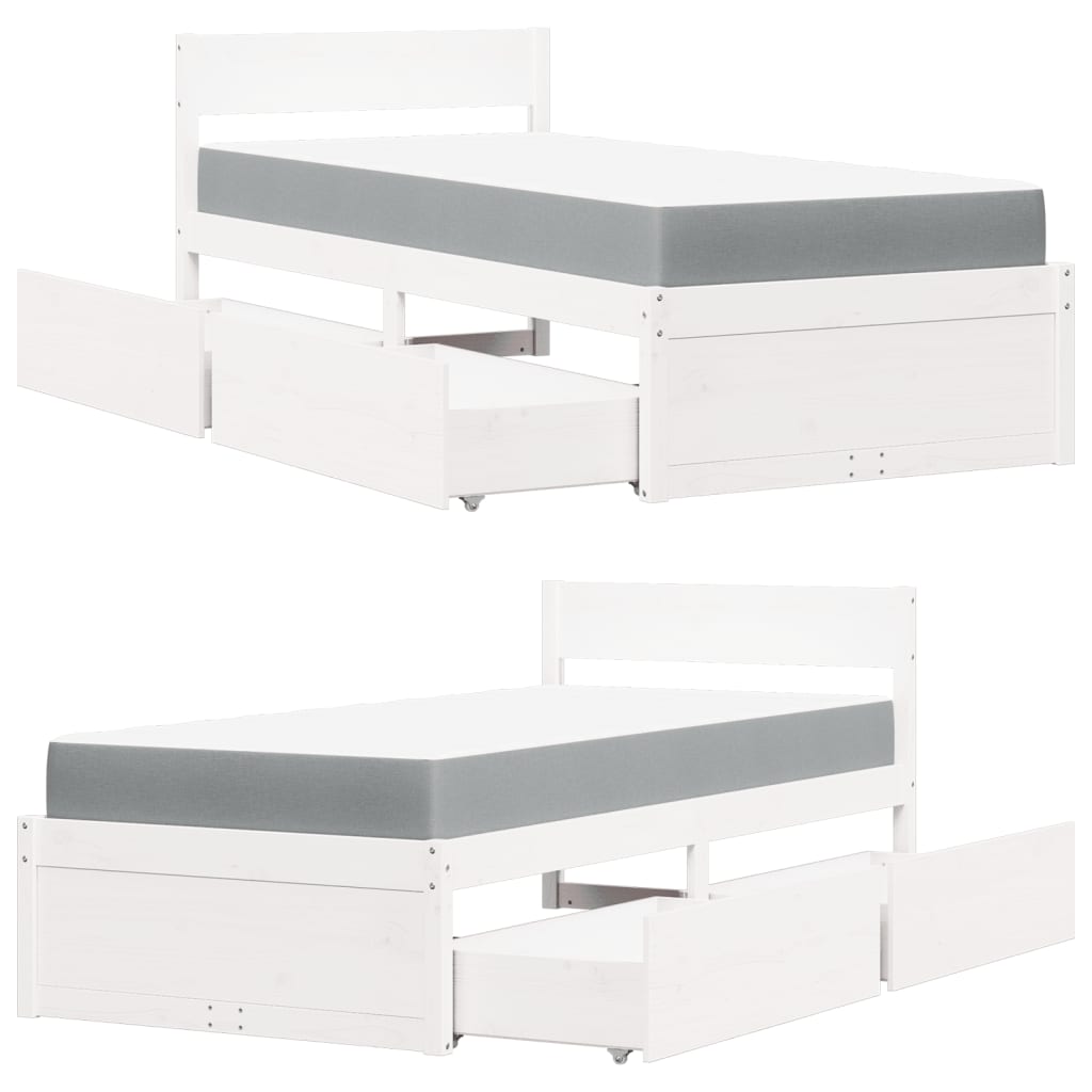 Bed met lades en matras massief grenenhout wit 90x200 cm