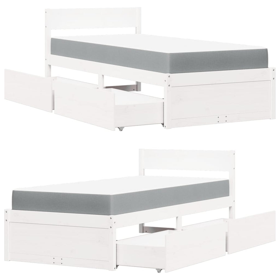 Bed met lades en matras massief grenenhout wit 90x200 cm