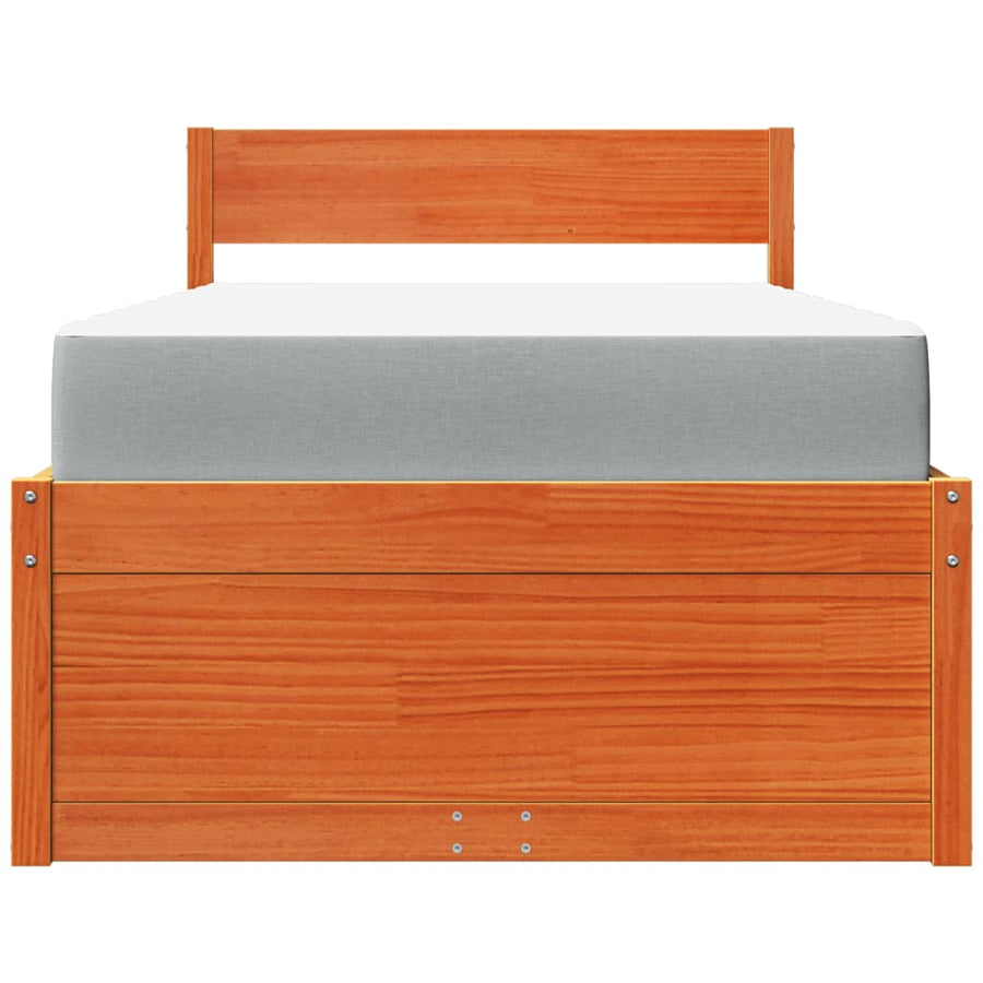 Bed met lades en matras massief grenenhout wasbruin 90x200 cm