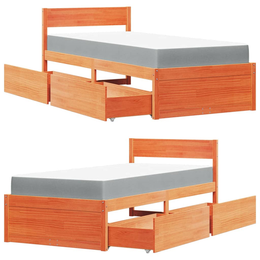 Bed met lades en matras massief grenenhout wasbruin 90x200 cm