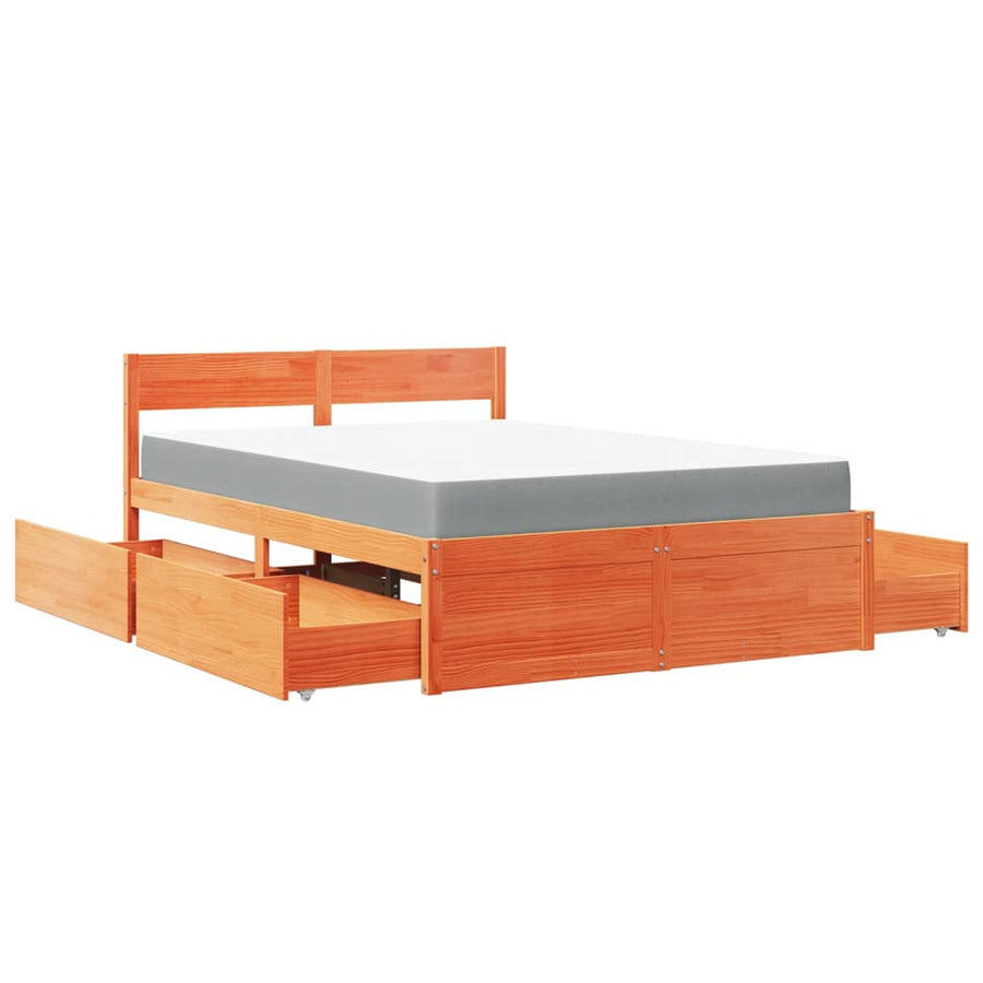 Bed met lades en matras massief grenenhout wasbruin 140x190 cm