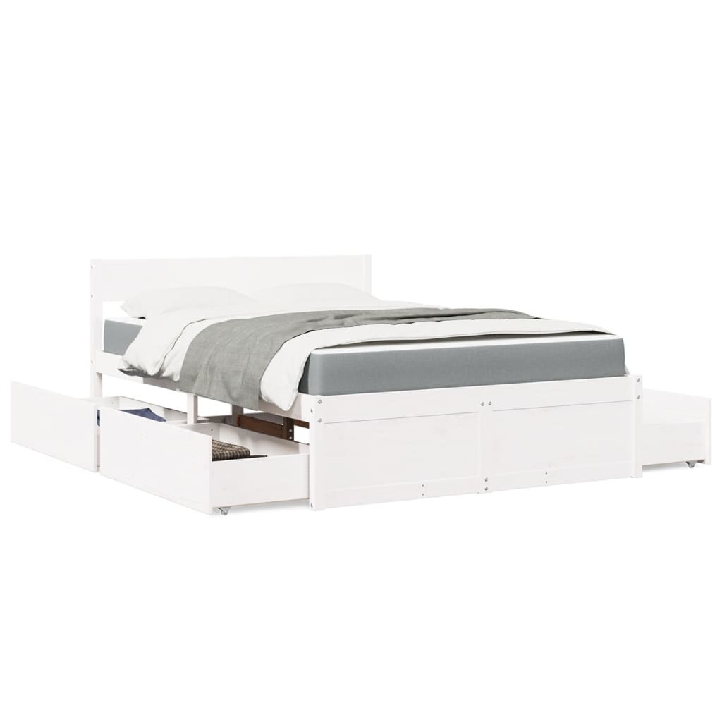 Bed Met Lades En Matras Massief Grenenhout 120 x 190 cm Wit