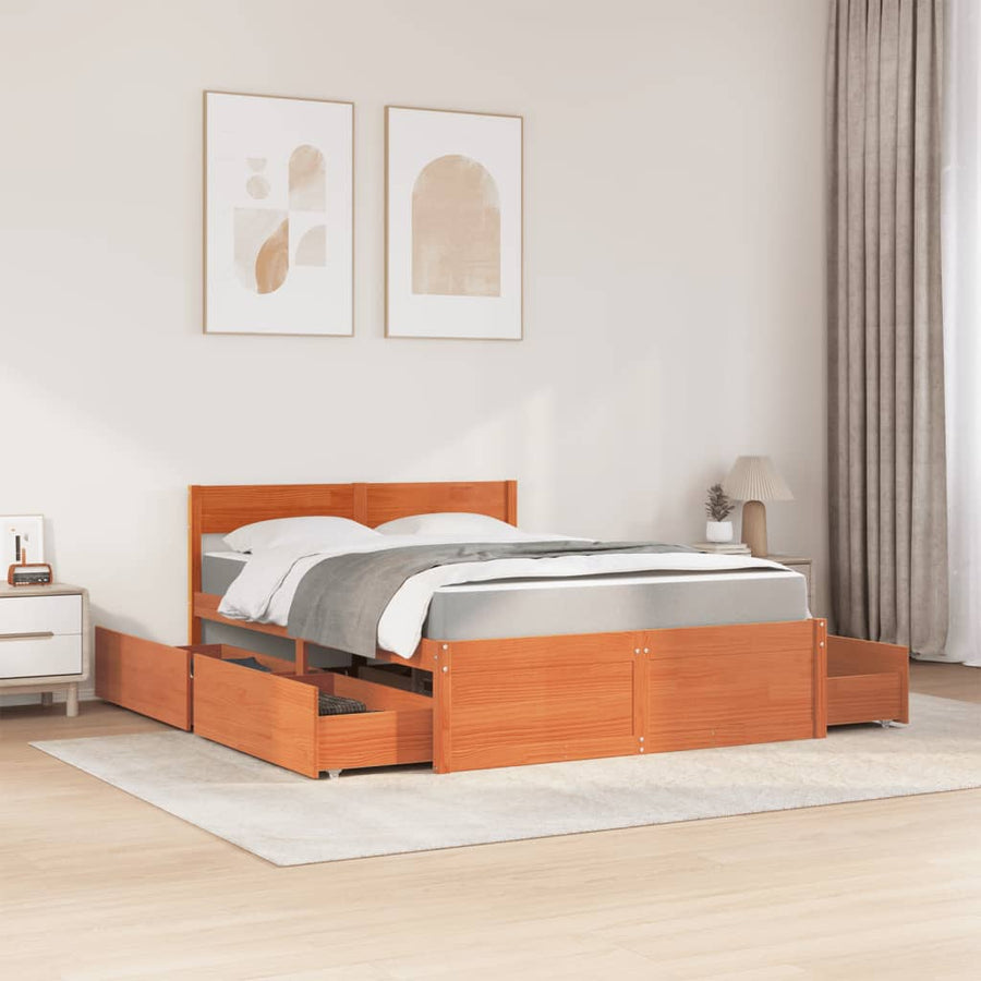 Bed Met Lades En Matras Massief Grenenhout 120 x 190 cm Wasbruin