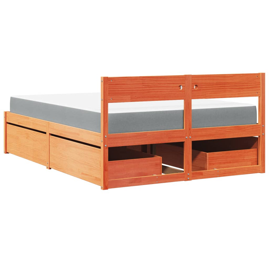 Bed Met Lades En Matras Massief Grenenhout 120 x 190 cm Wasbruin